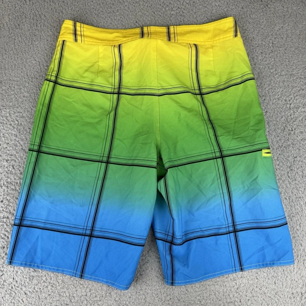 Hang Ten Board Shorts Mens 32 Yellow Green Blue Plaid Stretch Swim Trunks Surfer